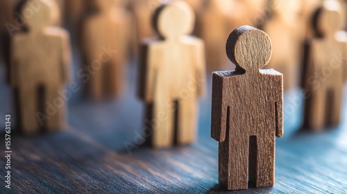 A wooden figure of a person standing out from a group of similar figures.