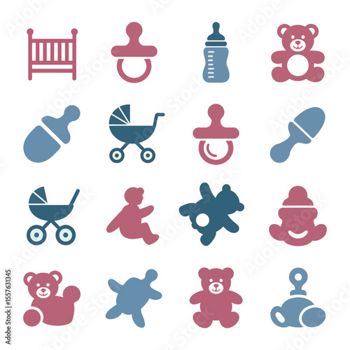 Baby items collection silhouette icons crib pacifier