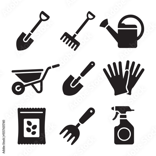 Garden tools icons shovel rake watering can wheelbarrow