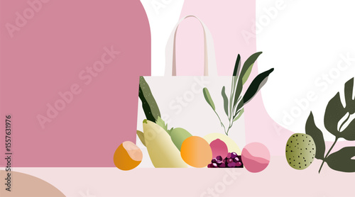 Abstract fruits and vegetables on packaging.