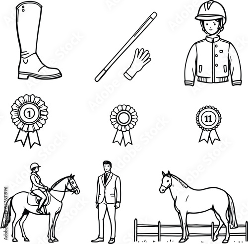 Black-and-White Vector Illustration of Equestrian Gear and Horse Companionship – 9-Icon Set Celebrating Horseback Culture