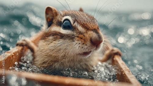 Adorable Chipmunk in a Tiny Boat on Water