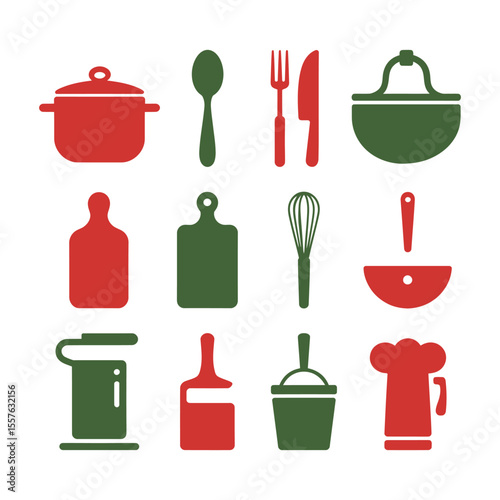 Kitchenware icons red green vector