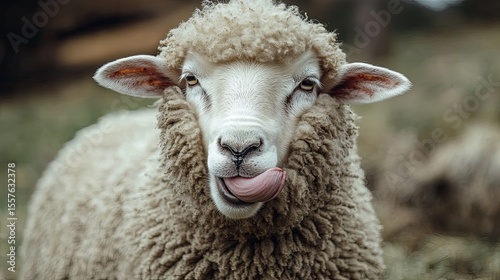 Cute Sheep Licking Nose in Close-Up Portrait