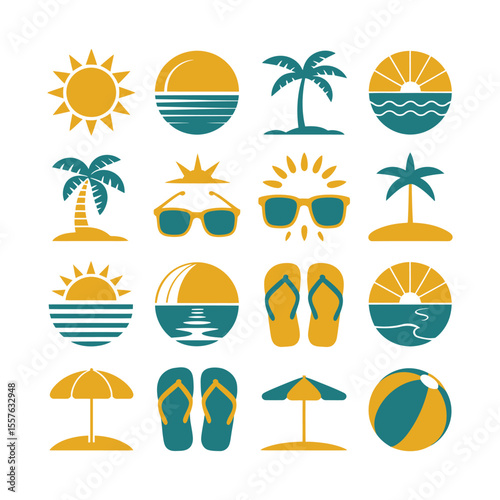 Summer beach vacation icons palm tree