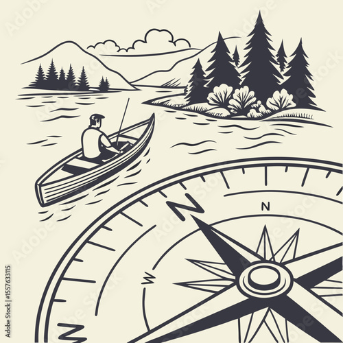 Kayak Navigation Compass Illustration Black and White Line Art Drawing Man in Canoe on Lake Mountains Trees Landscape Design