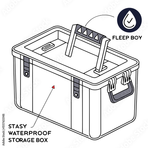 Isometric Line Drawing of a Stasy Waterproof Storage Box with Top Carry Handle and Side Handles Gray and White Color Scheme