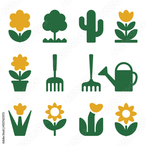 Yellow flowers green tree cactus rake watering can