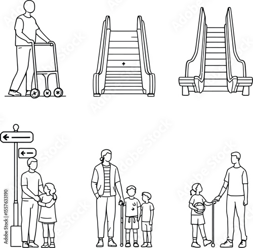 Black-and-White Vector Illustration of Public Wayfinding & Accessibility Icons – 6-Item Grid Depicting Navigation and Family Movement