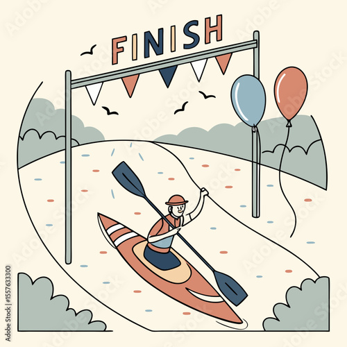 Kayaker Crossing Finish Line with Balloons Illustration Line Art Style Pastel Colors Water Sports Competition Achievement Success