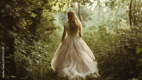 A woman in a gown walks through a forested path