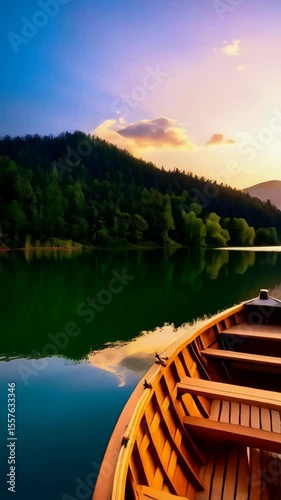 Wooden rowboat on a tranquil lake at sunset surrounded by trees and hills with sunlight reflecting off the calm water.