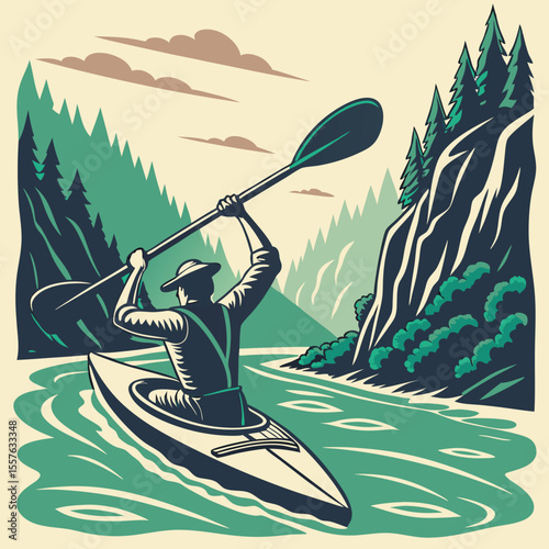 Kayaker in Kayak Raising Paddle High Above River in Green Forest Landscape Vector Illustration water