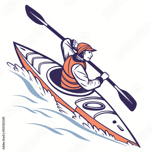 Kayaker in Orange Life Vest Paddling Forward in Coral Kayak on White Background Illustration kayaking