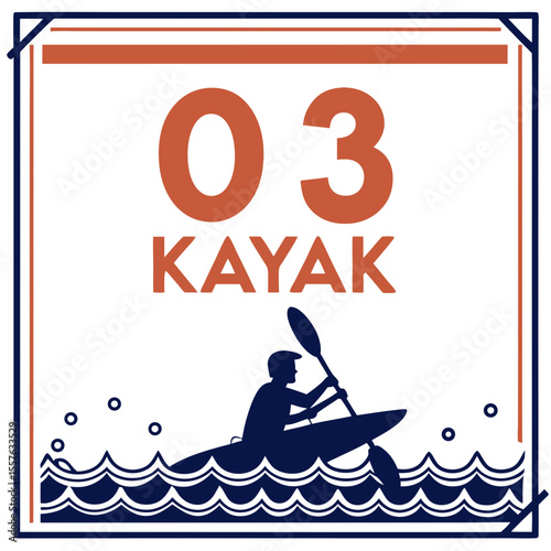Numbered Kayak Race Bib Design Featuring Silhouette of Kayaker Paddling in Dark Blue Water with Burnt Orange Number and Text