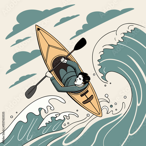 Man in Suit Kayaking Through Teal and Beige Stylized Waves Ocean Scene Illustration businessman