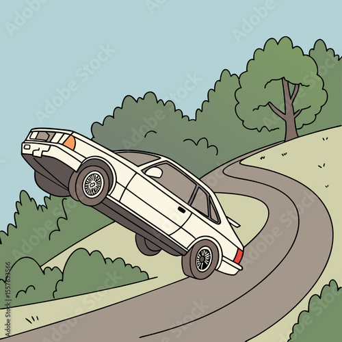 Off White Coupe Car Leaning Into Sharp Turn Winding Road Green Trees Landscape Illustration off-white