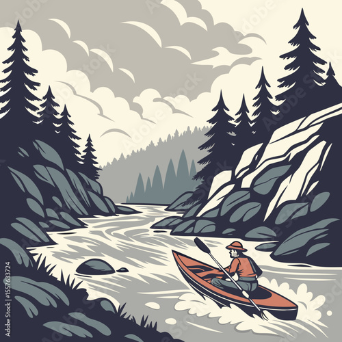 Person Kayaking on a Mountain River Surrounded by Dark Green Pine Trees and Gray Rocks Under a Cloudy Sky