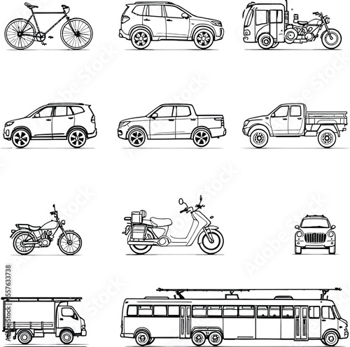 Black-and-White Vector Illustration of Urban Vehicle Variety – 12-Icon Grid Featuring Personal, Public, and Utility Transport