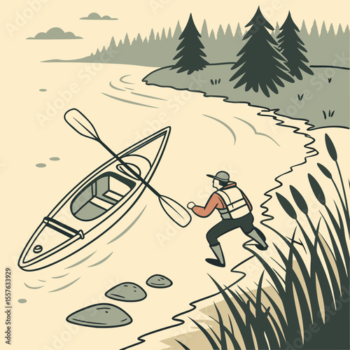 Person Launching Kayak from Sandy Shore Calm River Green Trees Beige Background Line Art Style Illustration