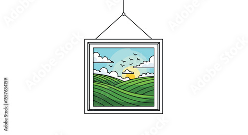 Beautiful Sunrise Over Rolling Green Hills Under a Blue Sky with Flying Birds