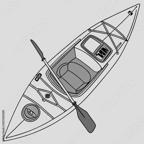Top View Kayak Gray White Paddle G P S Device Cockpit Seat Recreation Water Sports Boating Equipment Outline Illustration