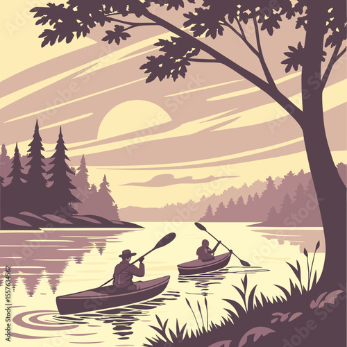 Two Kayakers Paddle Calm Lake at Sunrise Pastel Colors Silhouetted Figures Canoes on Water Tranquil Nature Scene