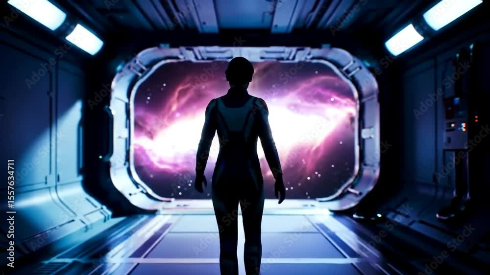 Cinematic shot of a female astronaut silhouette walking down a futuristic spaceship corridor towards a glowing purple nebula