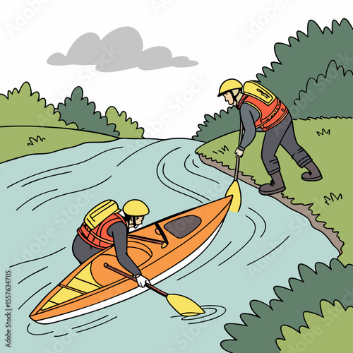 Two People in Orange Life Vests Kayak Rescue Drill on Calm River Green Bushes Cloudy Sky vector