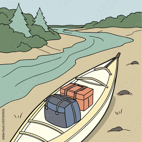 Beige Kayak on Sandy Riverbank with Stacked Dry Bags Teal River Green Trees sandy beach