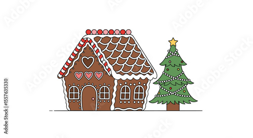 Whimsical Chocolate Gingerbread House with Festive Christmas Tree Decoration