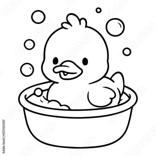 Baby duck bathing in a tub for kids book coloring 