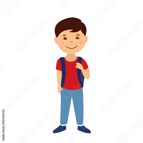 Asian schoolboy, vector illustration of child with backpack, Chinese boy, easy drawing