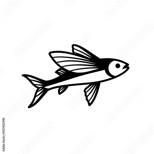 Stylized black and white drawing of a flying fish silhouette