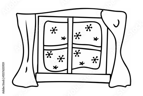 Window with falling snowflakes and curtains line art