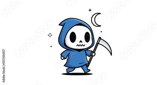 Cute Grim Reaper Character Walking Under the Moon with a Scythe