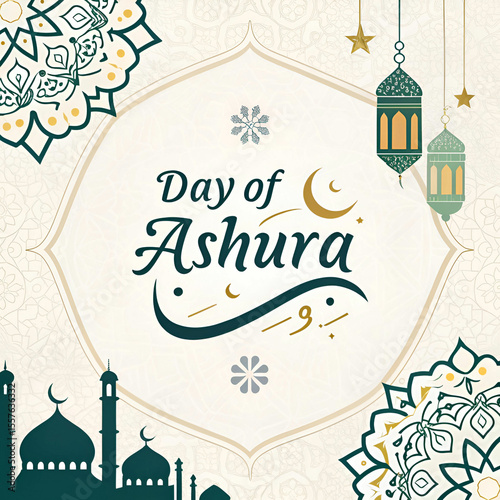 Elegant Islamic design celebrating the Day of Ashura featuring Arabic calligraphy mosque silhouettes and intricate mandala patterns in green and gold