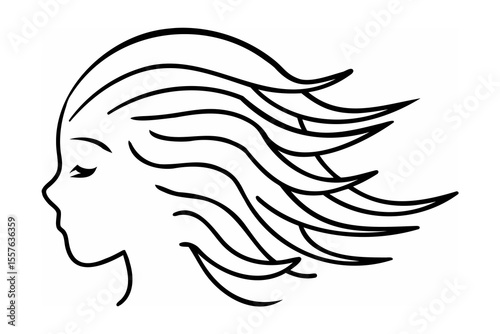 Elegant profile woman with flowing hair line art female