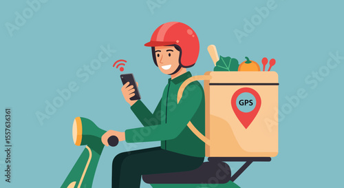 Smiling delivery man on scooter using GPS on phone with food box.