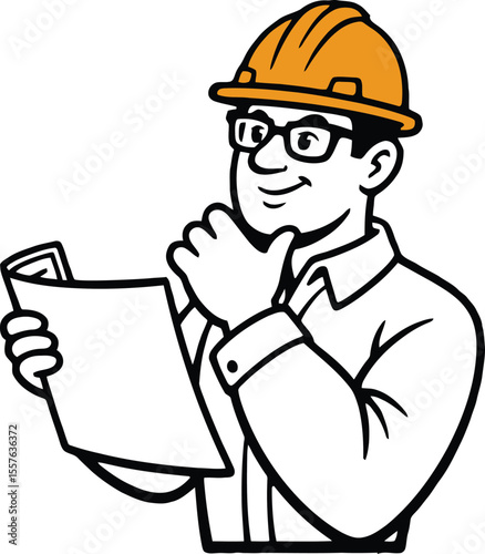 Smiling engineer mascot holding documents. 