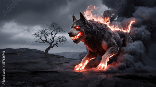 Fierce, fire-breathing dog emerges from dark smoke.
