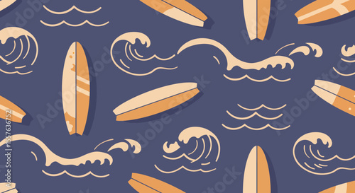 Stylized Surfboards and Waves Pattern on Deep Blue Background.