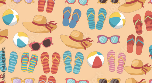 Summer beach pattern with hats sunglasses flip flops and beach balls.