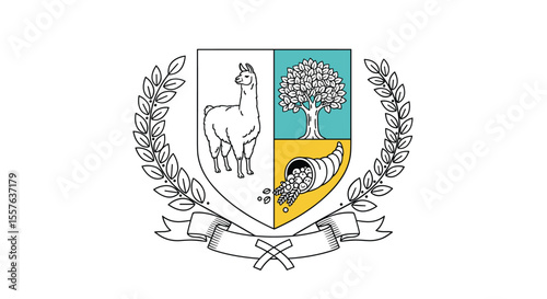 Coat of Arms Featuring Llama Tree and Cornucopia with Laurel Wreath and Banner