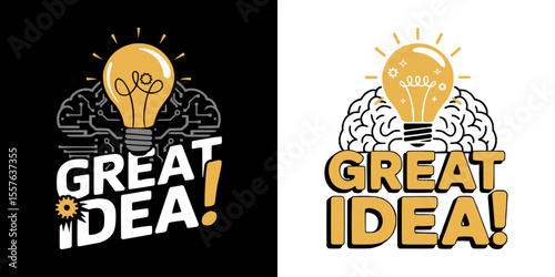 Creative great idea concept design with glowing yellow lightbulb and brain illustration for innovation, brainstorming, startup inspiration, intelligence, thinking, and smart business branding