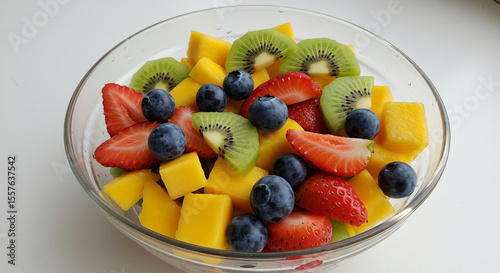 Fresh Fruit Salad Bowl Isolated, Strawberries Blueberries Kiwi Mango, Healthy Eating, White Background
