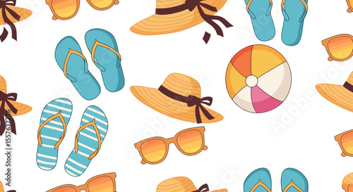 Summer themed pattern with straw hats sunglasses flip flops and beach ball.