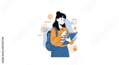 Young Person Holding Device and Notebook with Backpack Ready for Studies and Work