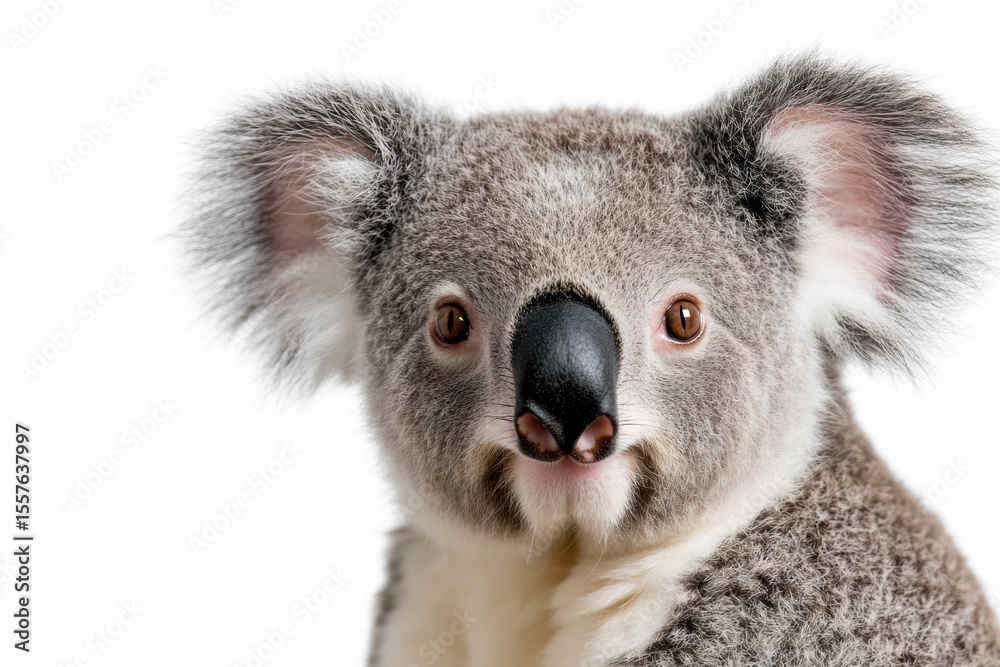 Fototapeta premium Portrait of a koala with fluffy ears and a calm expression, isolated on a clean white background.