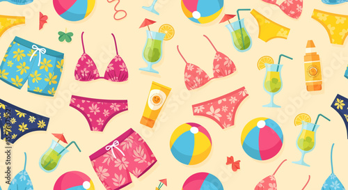 Summer themed pattern with swimwear beach balls cocktails and sunscreen.